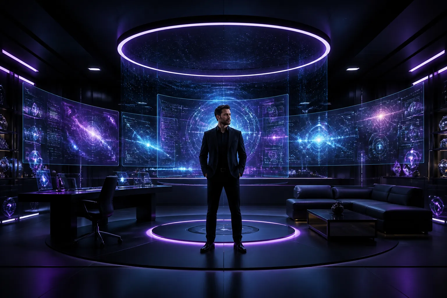 AI business command center with holographic dashboards