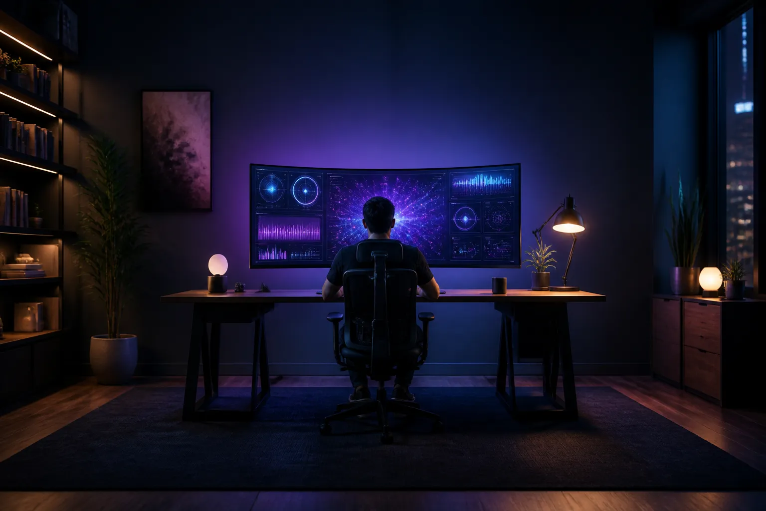 Entrepreneur launching an AI business from a modern dark home office